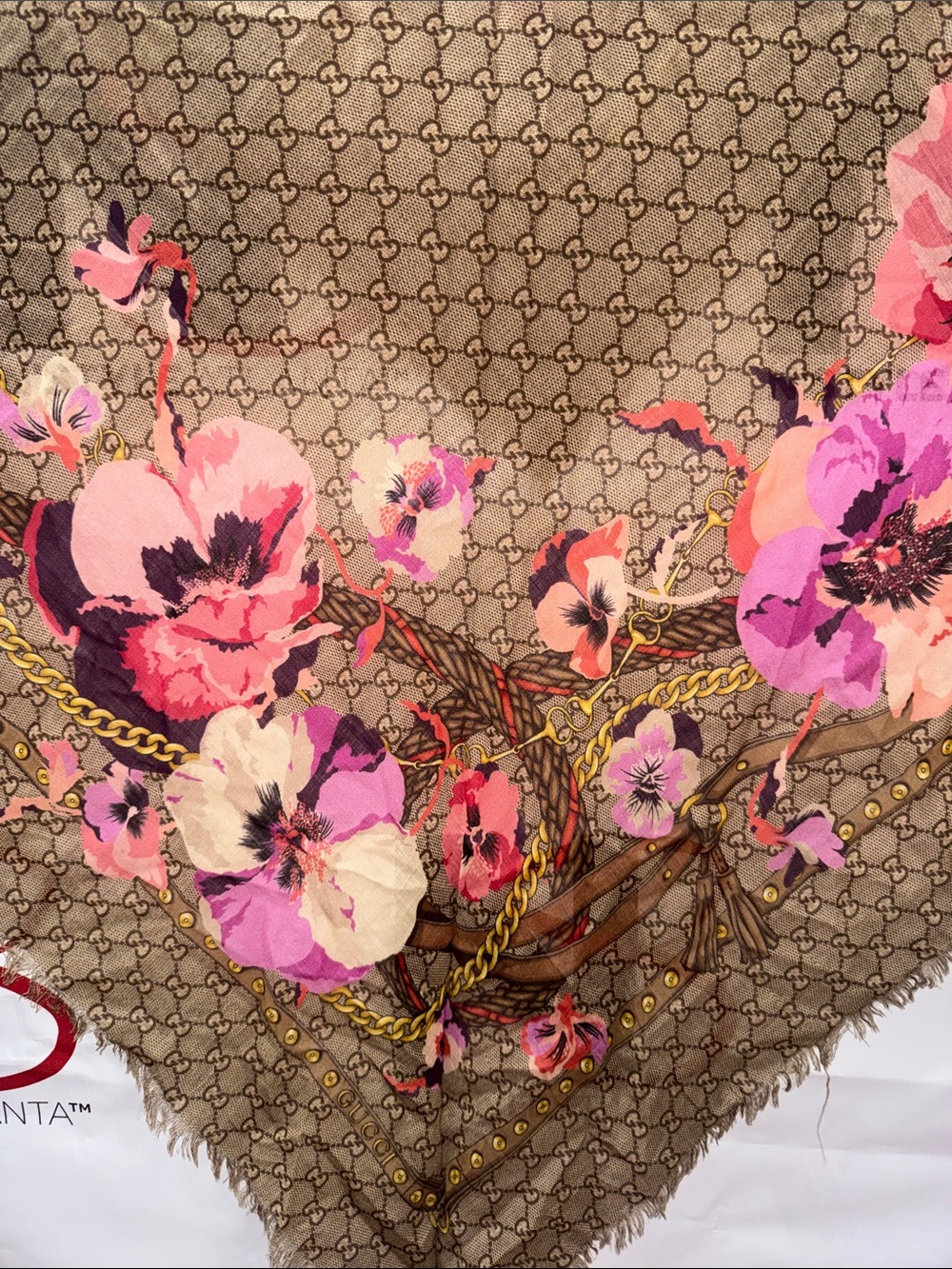 Gucci Brown Monogram Scarf with Pink and Purple Floral Print